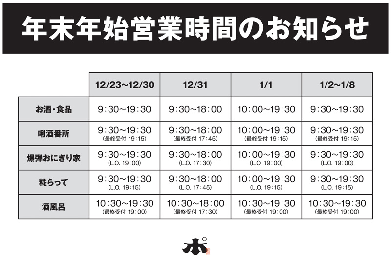 年末年始の営業時間　越後湯沢驛店　2023_2024